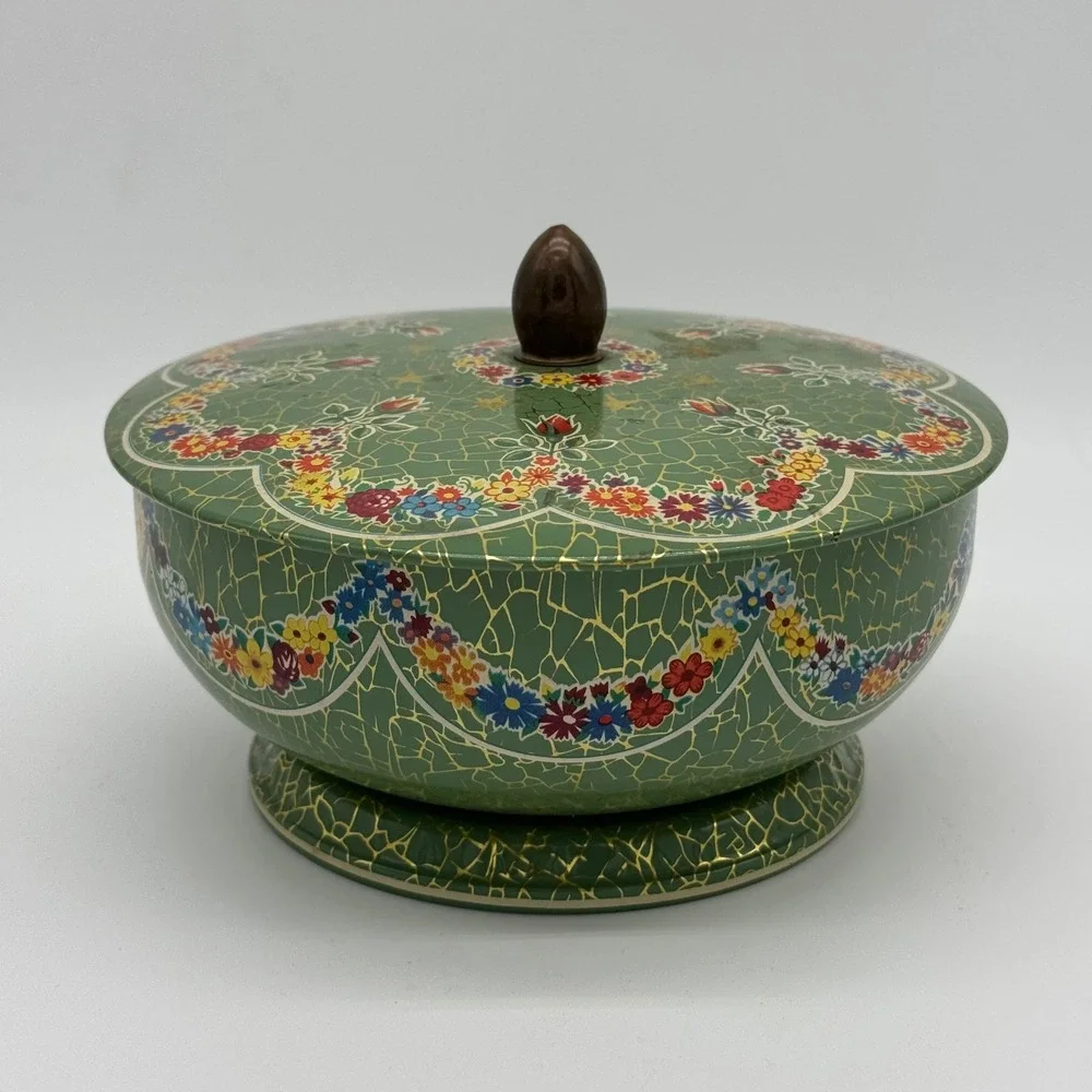 Vintage Daher England Green Crackle Floral Pedestal Candy Tin Acorn Knob Lid